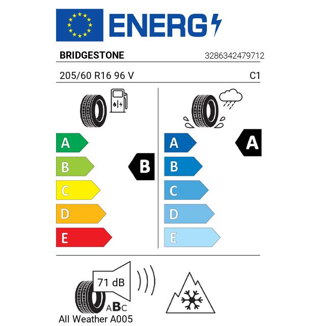 Eticheta Energetica Anvelope  205 60 R16 Bridgestone All Weather A005 