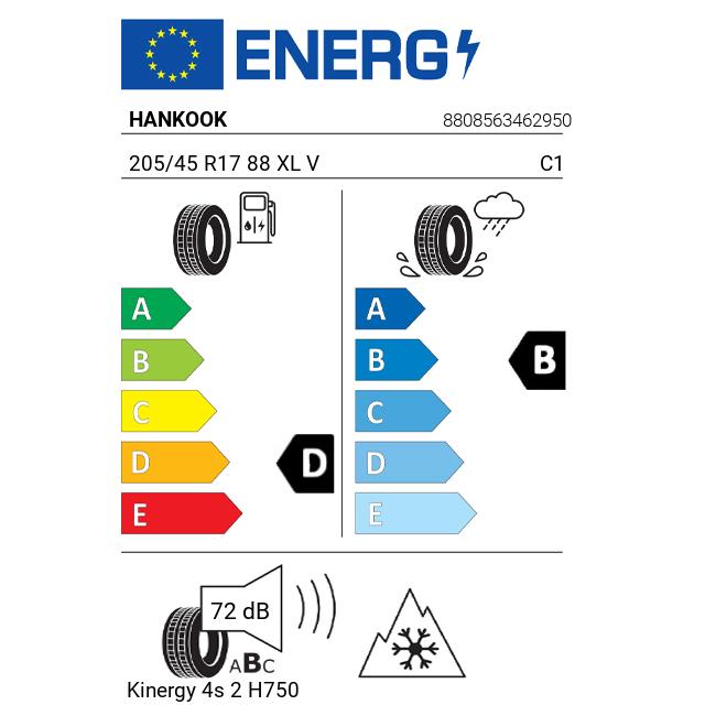Eticheta Energetica Anvelope  205 45 R17 Hankook Kinergy 4s 2 H750 