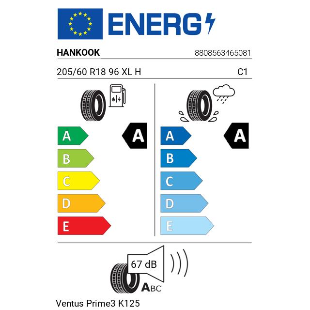Eticheta Energetica Anvelope  205 60 R18 Hankook Ventus Prime3 K125 