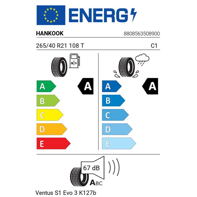 Eticheta Energetica Anvelope  265 40 R21 Hankook Ventus S1 Evo 3 K127b 