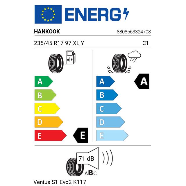 Eticheta Energetica Anvelope  235 45 R17 Hankook Ventus S1 Evo2 K117 