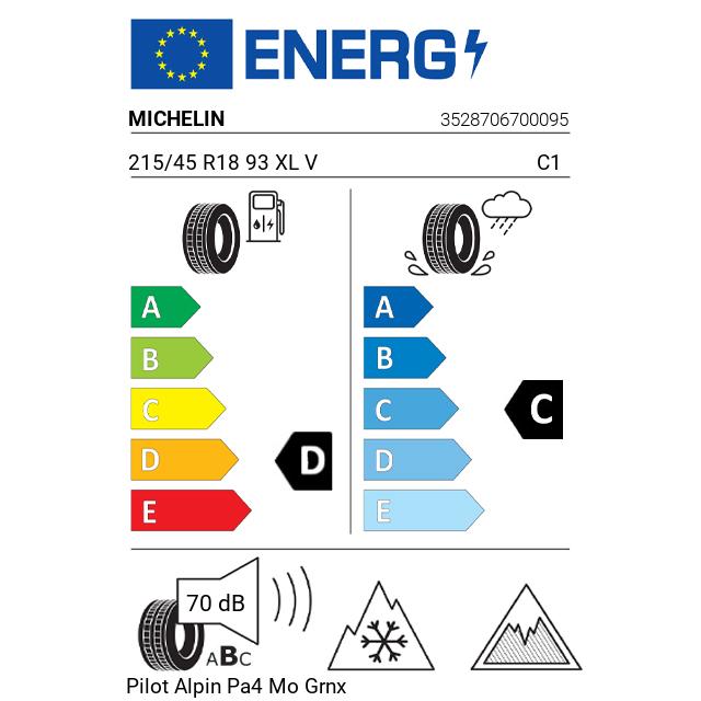 Eticheta Energetica Anvelope  215 45 R18 Michelin Pilot Alpin Pa4 Mo Grnx 
