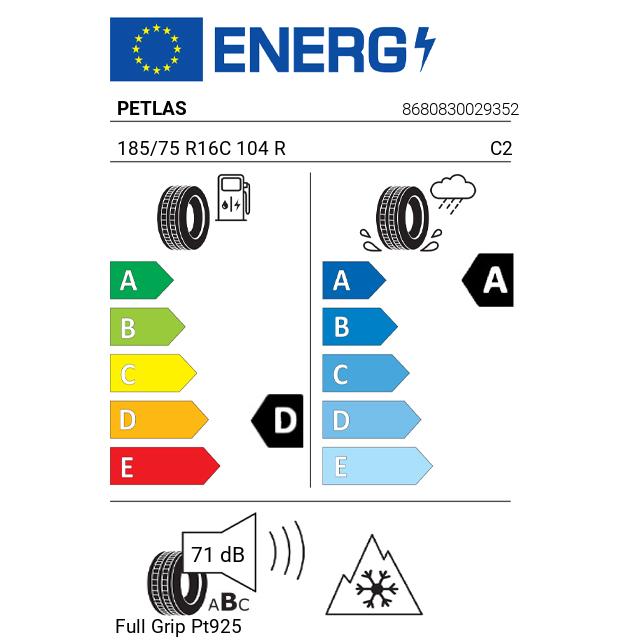 Eticheta Energetica Anvelope  185 75 R16C Petlas Full Grip Pt925 