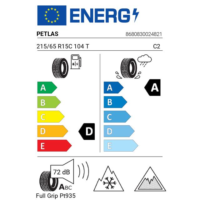 Eticheta Energetica Anvelope  215 65 R15C Petlas Full Grip Pt935 