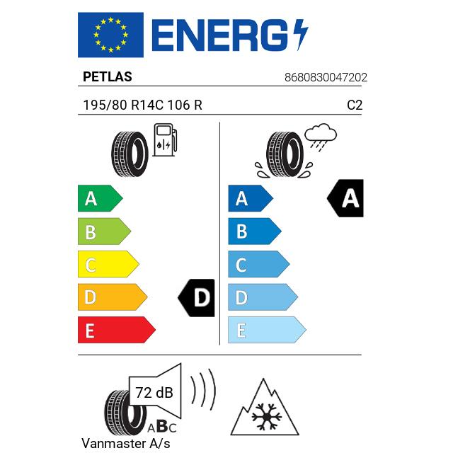 Eticheta Energetica Anvelope  195 80 R14C Petlas Vanmaster A/s 