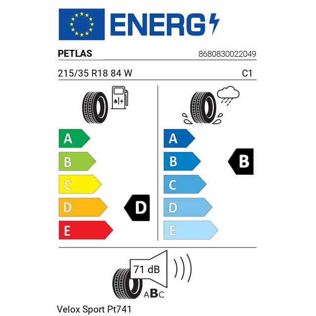 Eticheta Energetica Anvelope  215 35 R18 Petlas Velox Sport Pt741 