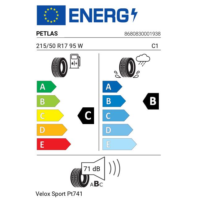 Eticheta Energetica Anvelope  215 50 R17 Petlas Velox Sport Pt741 