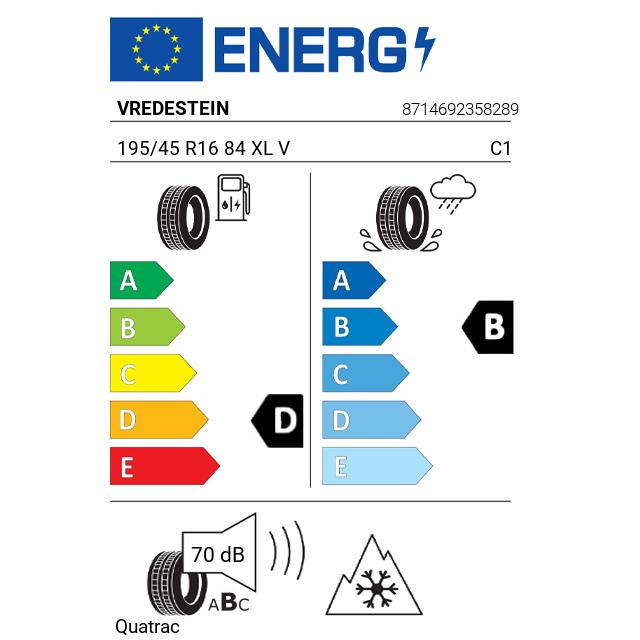 Eticheta Energetica Anvelope  195 45 R16 Vredestein Quatrac 