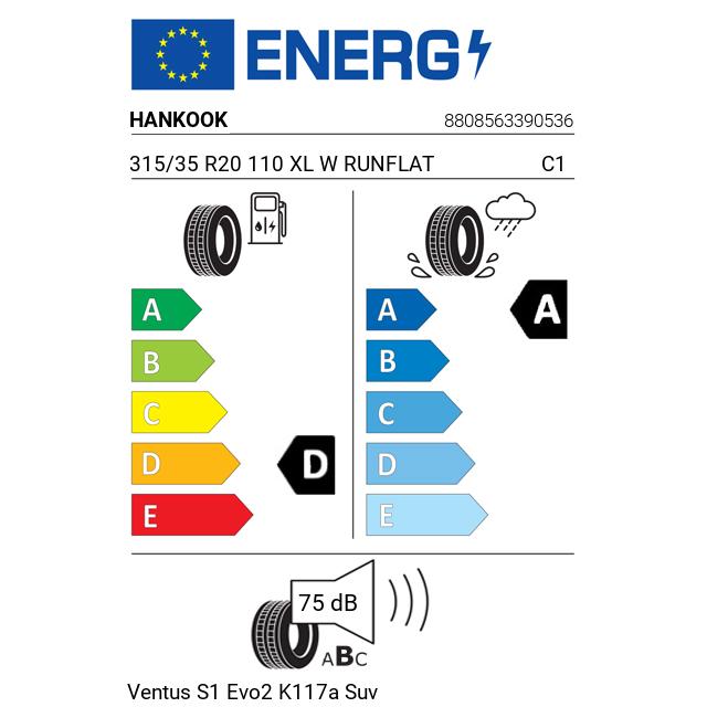 Eticheta Energetica Anvelope  315 35 R20 Hankook Ventus S1 Evo2 K117a Suv 