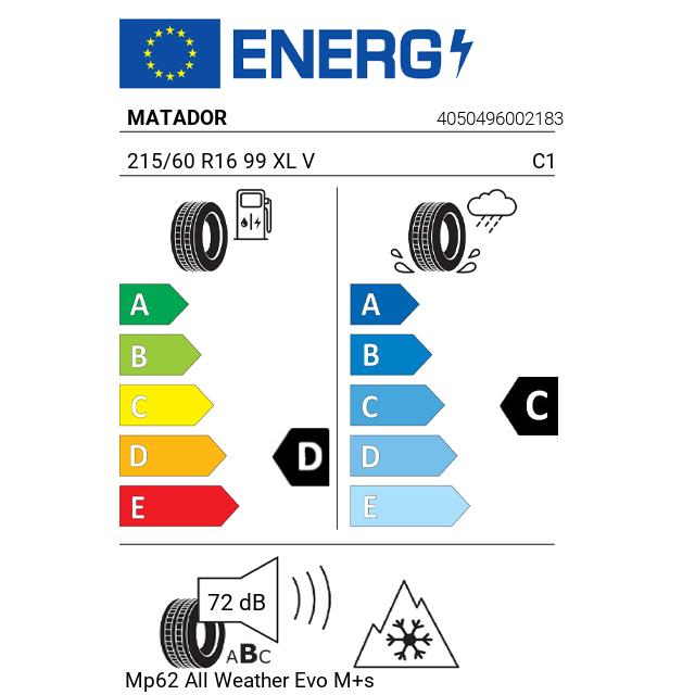 Eticheta Energetica Anvelope  215 60 R16 Matador Mp62 All Weather Evo M+s 