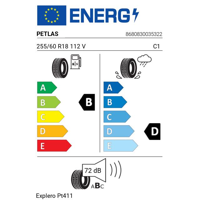Eticheta Energetica Anvelope  255 60 R18 Petlas Explero Pt411 