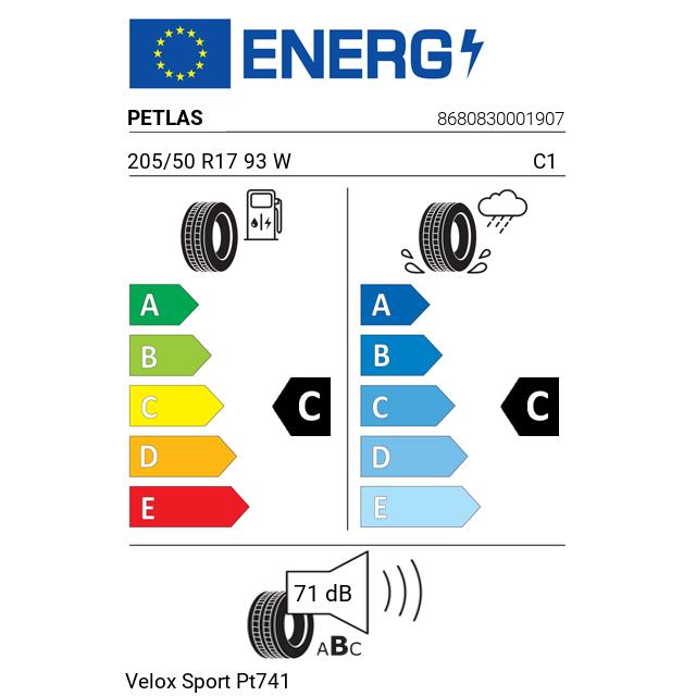 Eticheta Energetica Anvelope  205 50 R17 Petlas Velox Sport Pt741 