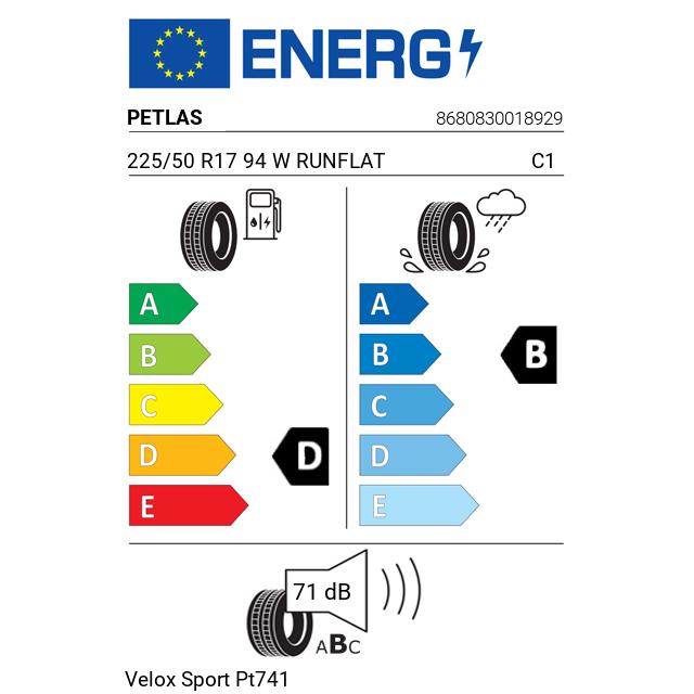 Eticheta Energetica Anvelope  225 50 R17 Petlas Velox Sport Pt741 
