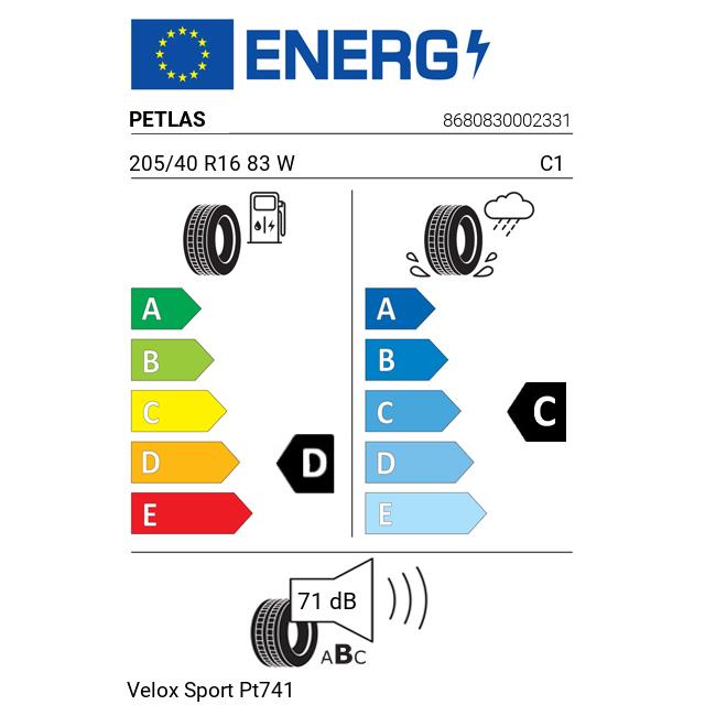 Eticheta Energetica Anvelope  205 40 R16 Petlas Velox Sport Pt741 