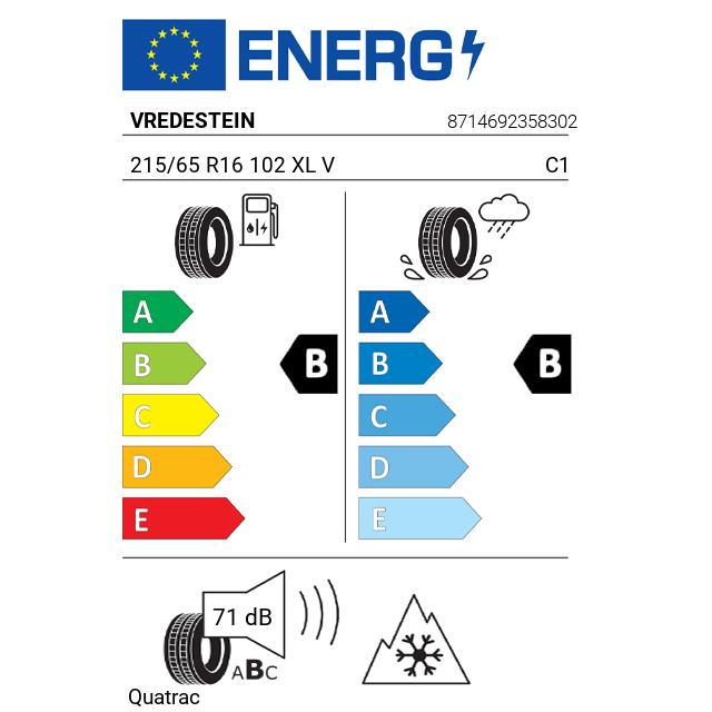 Eticheta Energetica Anvelope  215 65 R16 Vredestein Quatrac 