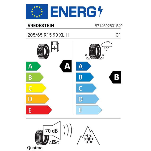 Eticheta Energetica Anvelope  205 65 R15 Vredestein Quatrac 